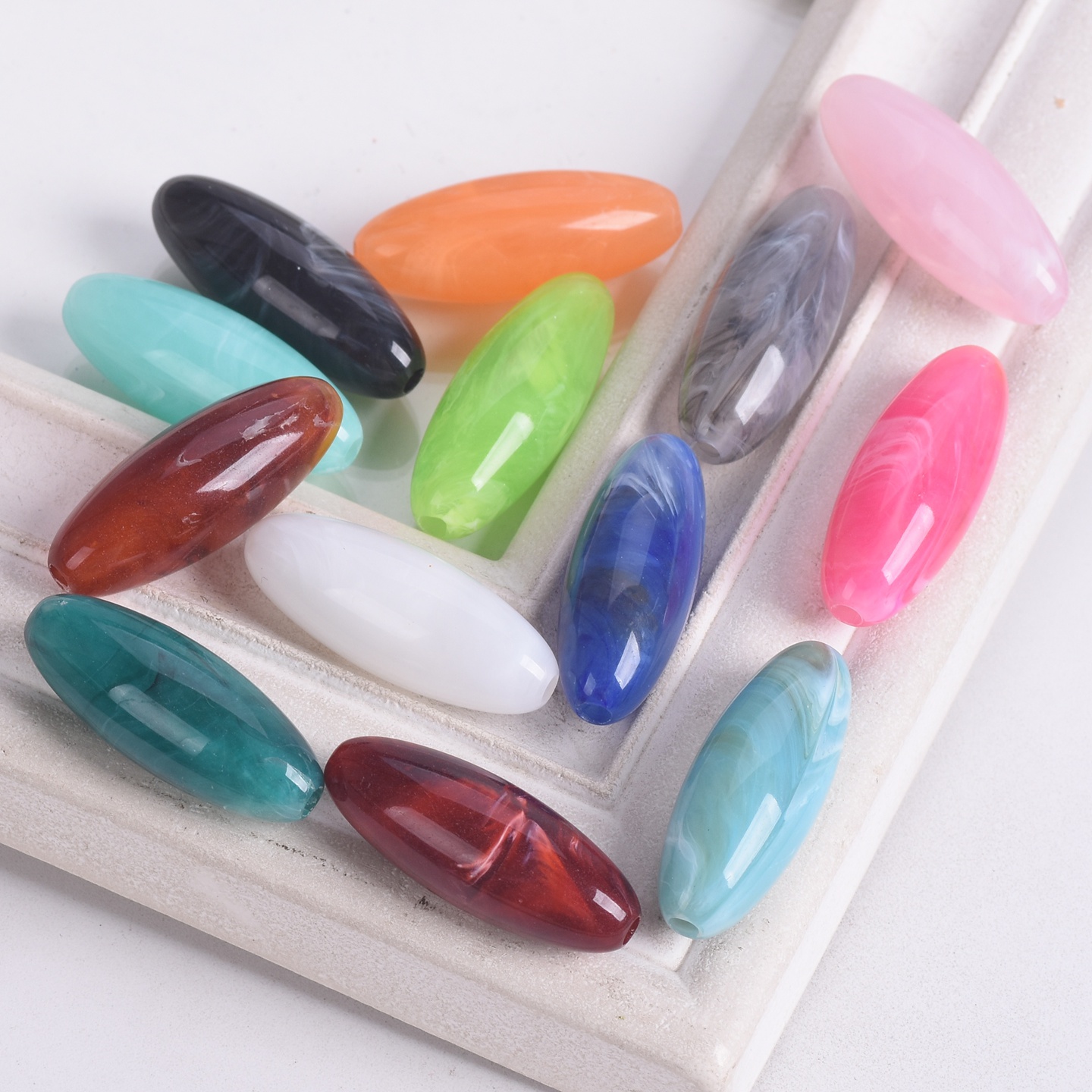Vintage Collectible Marbles - ลูกปัดอะคริลิกพลาสติกลายหินอ่อนทรงรีสำหรับรักบี้ ขนาด 31x12 มม. จำนวน 10