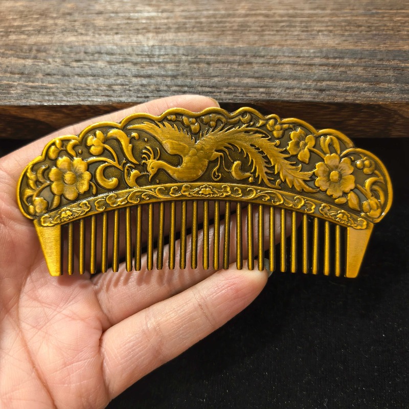 Vintage Collectible Accessories - หวีผมแกะสลักลายดอกไม้และนกฟีนิกซ์ วินเทจโลหะผสมสีทองโบราณ งานฝีมือจีนย้อนยุค ของสะสม เครื่องประดับผม