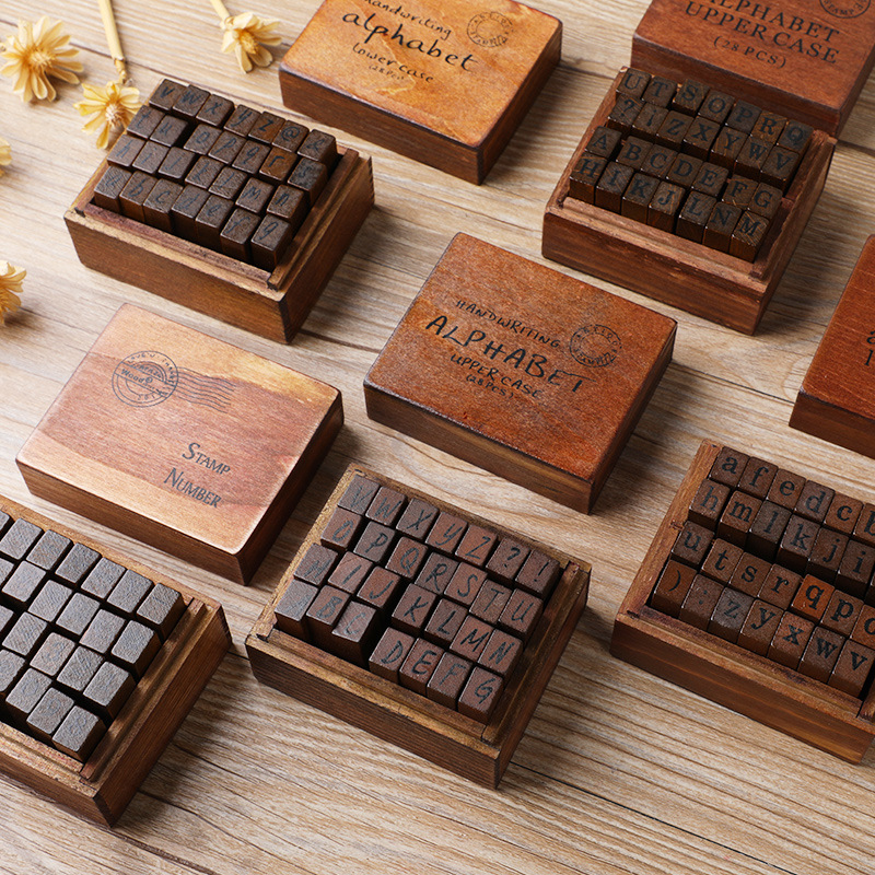Vintage Collectible Stamps - ชุดแสตมป์ตัวอักษร 28 ชิ้น/กล่อง วินเทจ ทำจากยางและไม้ สำหรับงานฝีมือ