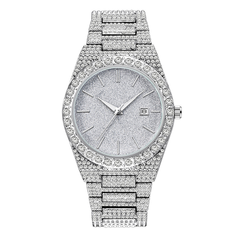 Vintage Collectible Watches - นาฬิกาข้อมือผู้ชายแบรนด์ดัง สไตล์ฮิปฮอป ประดับเพชร สายโลหะผสม แสดงวันที่ สีทอง