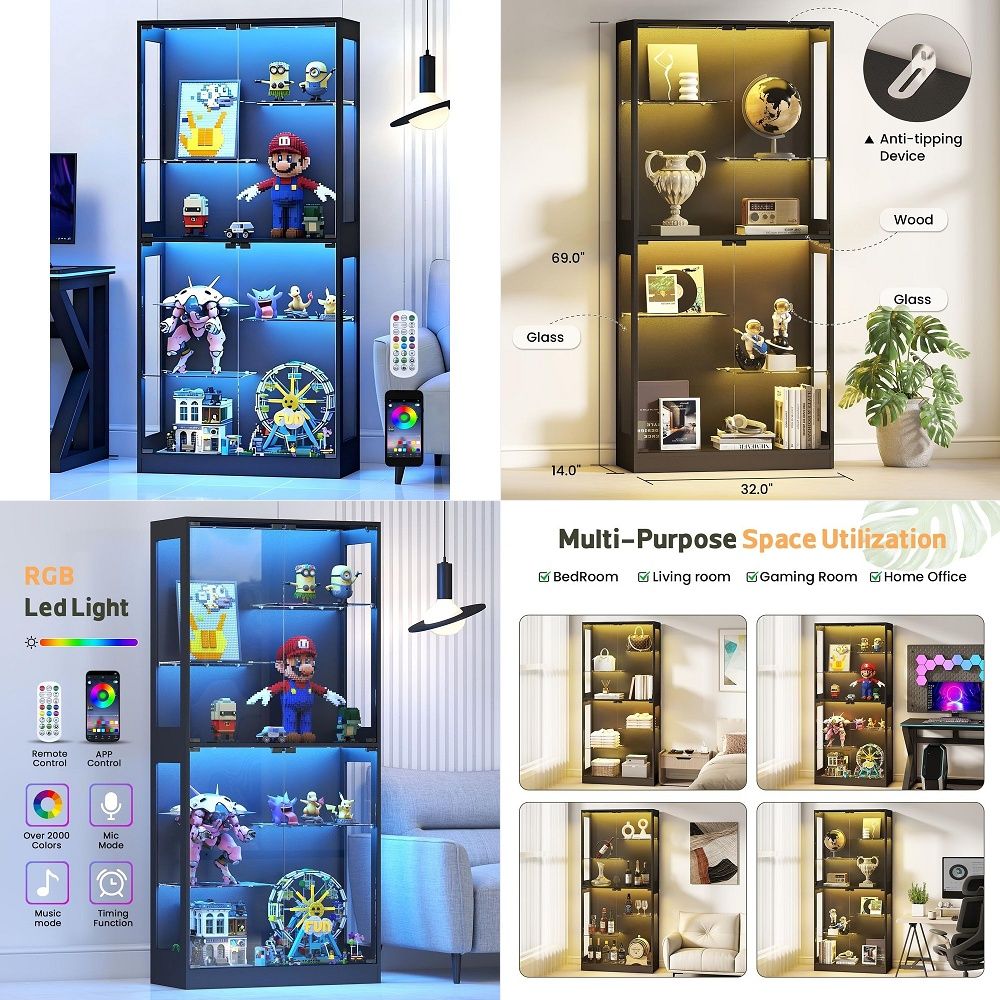 Collectible & Vintage Dolls For Wedding - ตู้โชว์กระจกบานเลื่อน 69 นิ้ว ตู้เก็บของสะสมพร้อมไฟ RGB LED