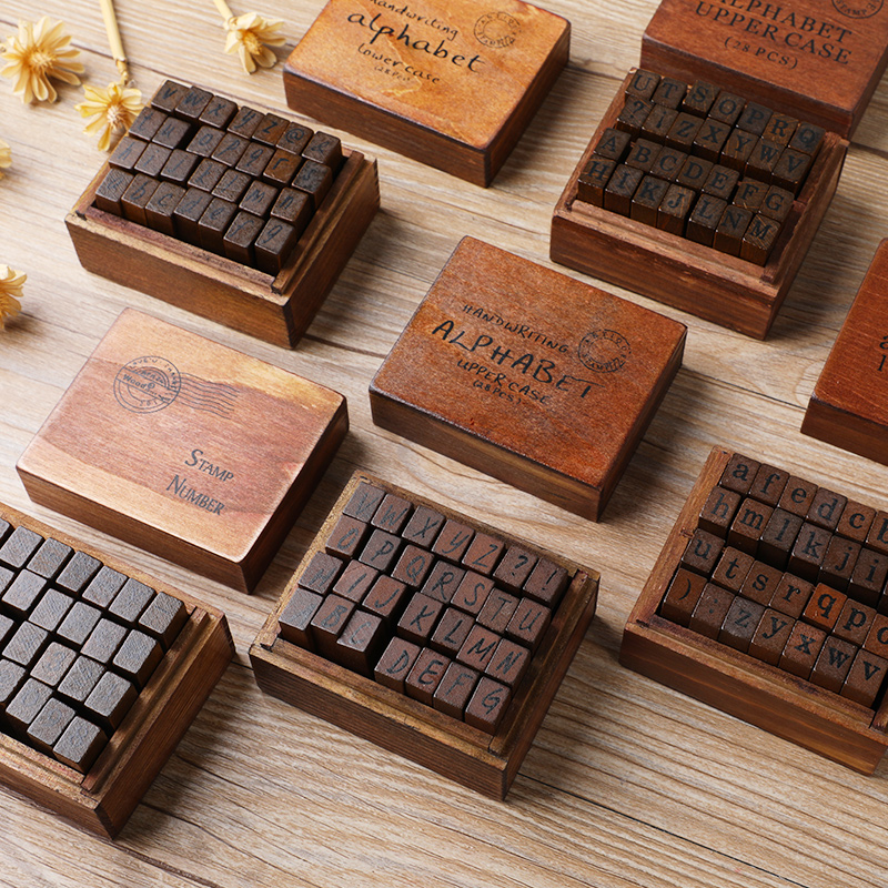 Vintage Collectible Stamps - ชุดแสตมป์ไม้ลายตัวอักษรและตัวเลข วินเทจ 28 ชิ้น สำหรับงานฝีมือ การ์ด